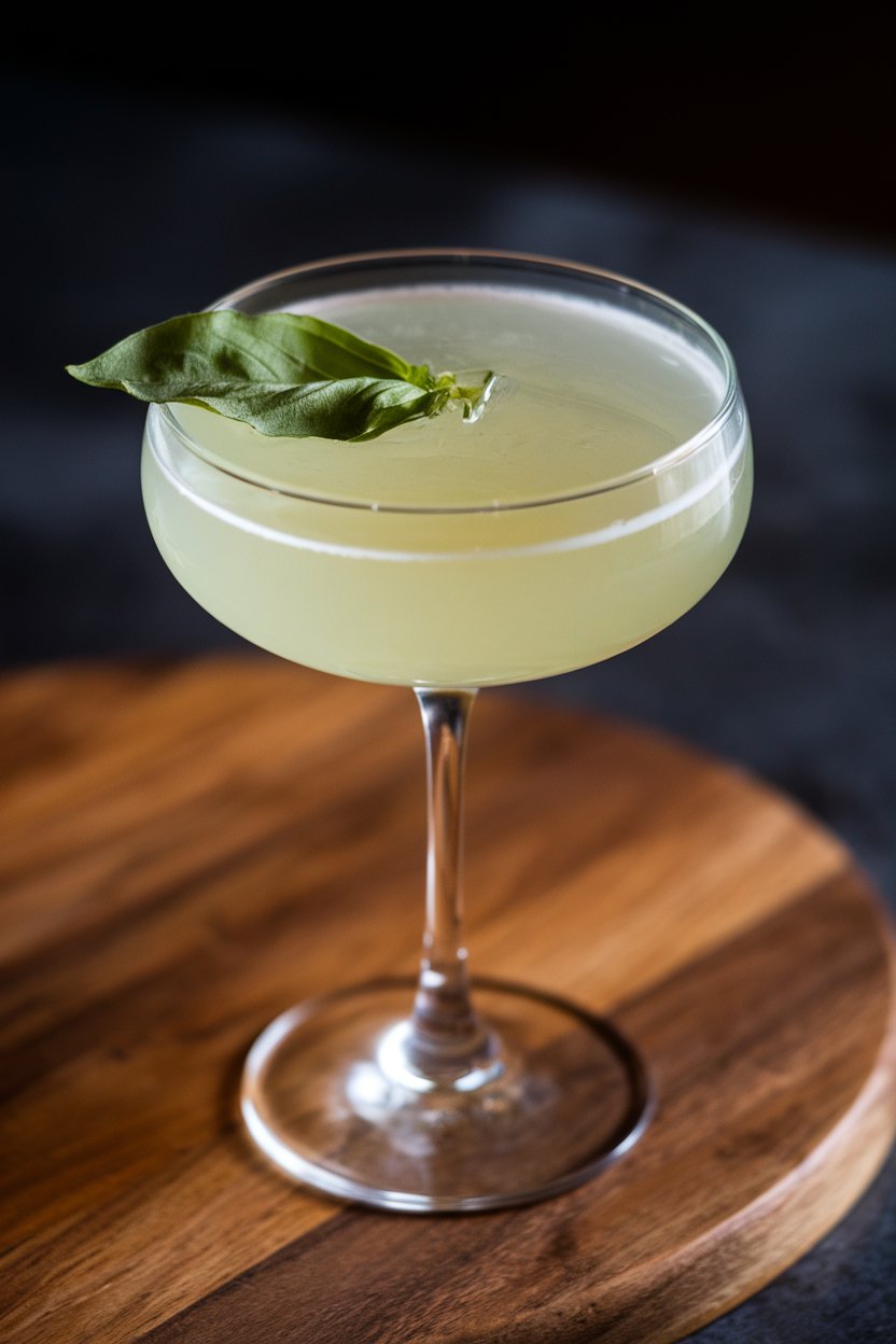 Indoor bar with a chilled coupe of pale green gimlet, basil leaf floating, no text or logos, photo