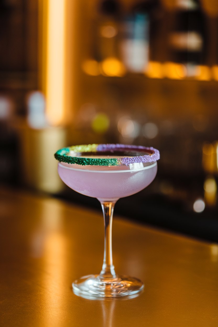 Warm indoor bar scene with a martini glass holding pastel-purple cocktail, rim coated in green, gold, and purple sugar, no text or logos, photo