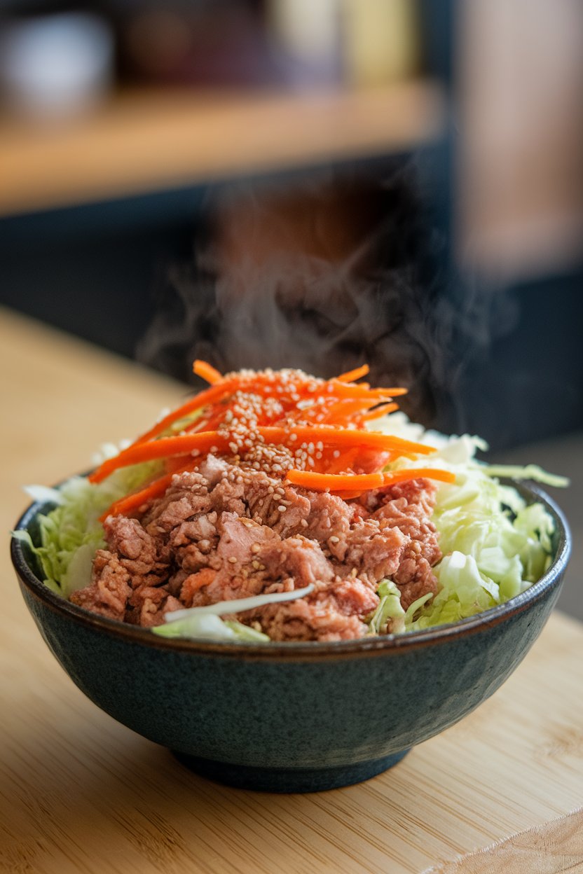 An indoor dinner bowl filled with ground turkey, shredded cabbage, carrots, and sesame seeds, steam rising; no text or logos. Photo only.