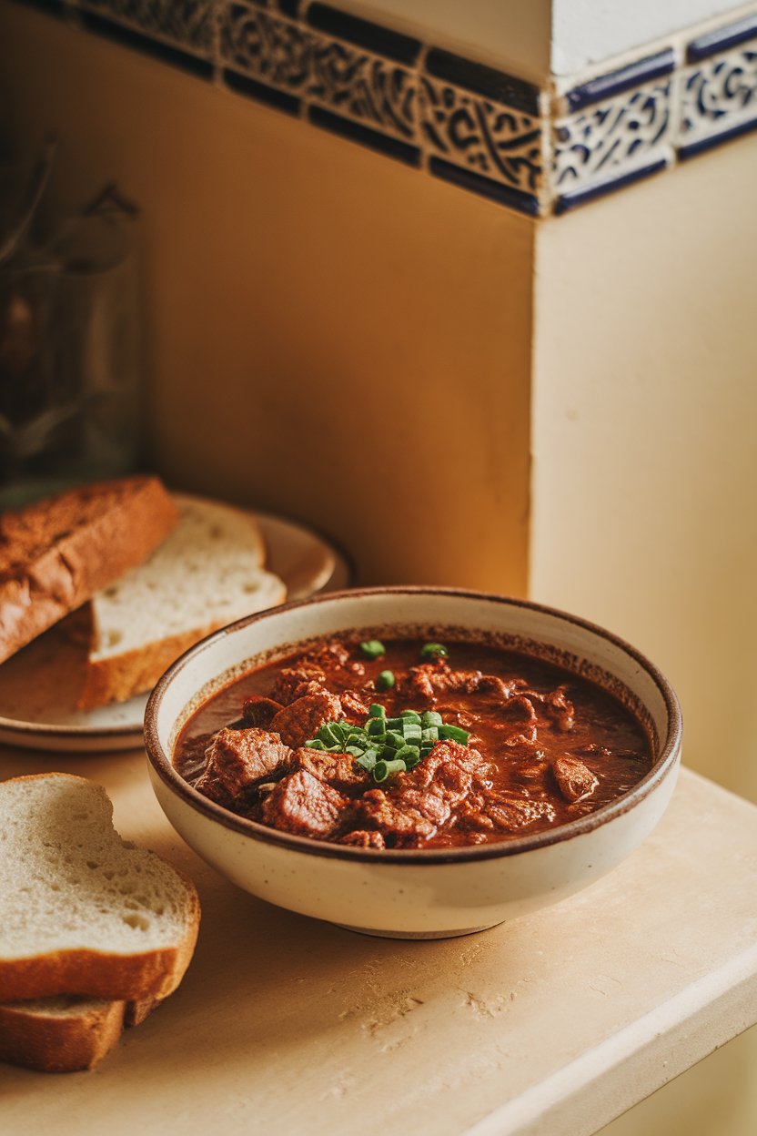 A warmly lit indoor table featuring a bowl of steak chili with a dark, rich broth, topped with chopped chives. No logos or text.