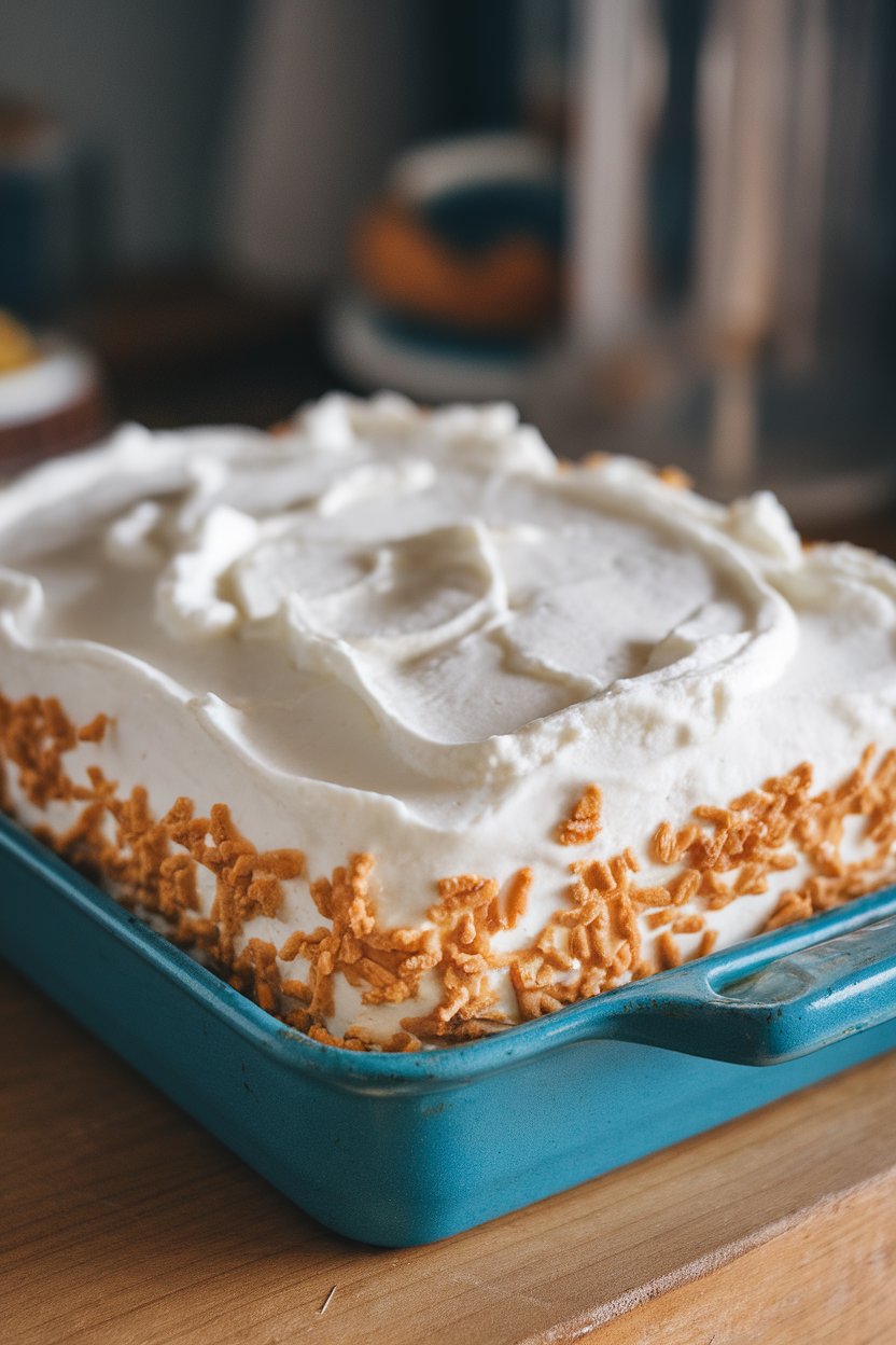 An indoor baking dish of sheet cake dotted with creamy Baileys filling, whipped topping spread over, no text or logos. Photo only.