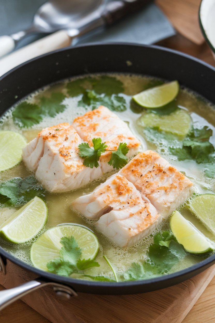 Indoor photo of a skillet with cooked cod fillets in a light coconut lime broth, garnished with cilantro. No text or logos.