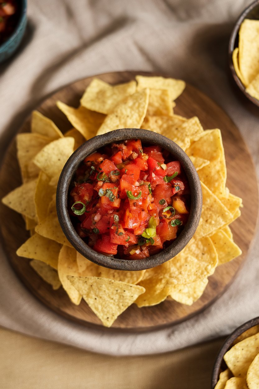 Overhead indoor shot of a rustic bowl filled with chunky fire-roasted tomato salsa surrounded by a heap of tortilla chips, no text or logos. Photo only.