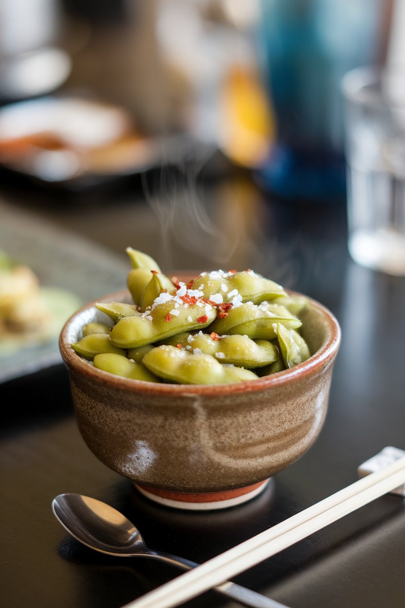 An indoor dining table featuring a ceramic bowl of cooked edamame pods sprinkled with red chili flakes and sea salt; steam visible, no text or logos.