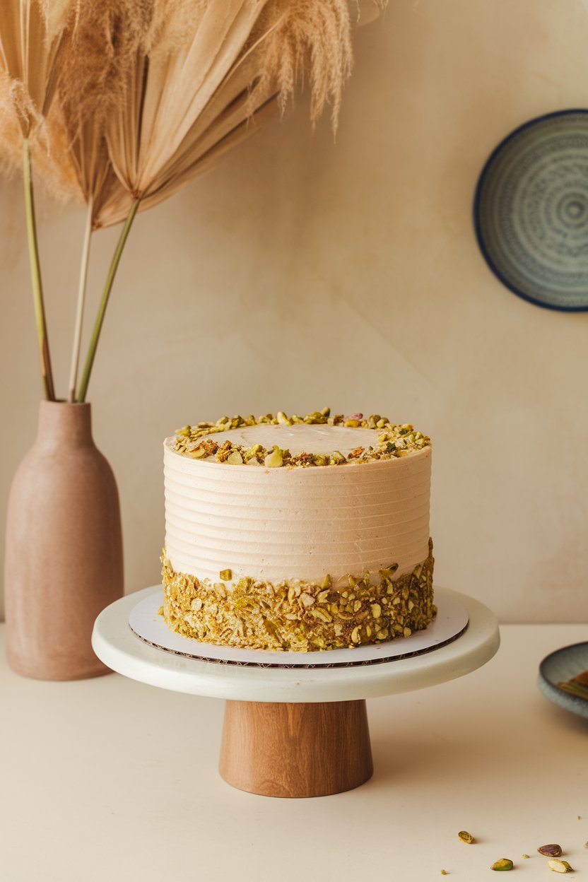 An indoor cake display featuring a single-layer pistachio cake iced with pale rosewater buttercream and sprinkled with chopped pistachios. No text or logos.