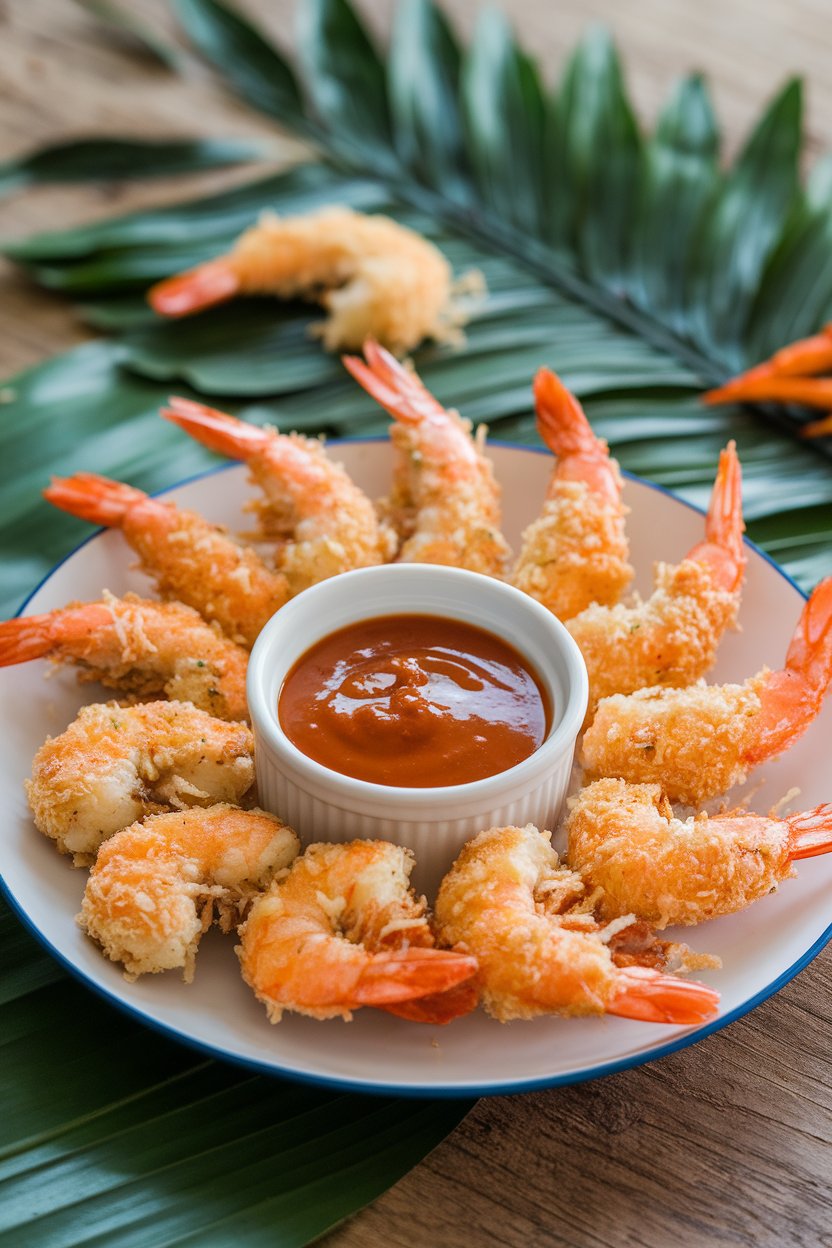 Indoor tabletop photo of cooked coconut-breaded shrimp arranged around a small bowl of sweet chili sauce. No text or logos anywhere.