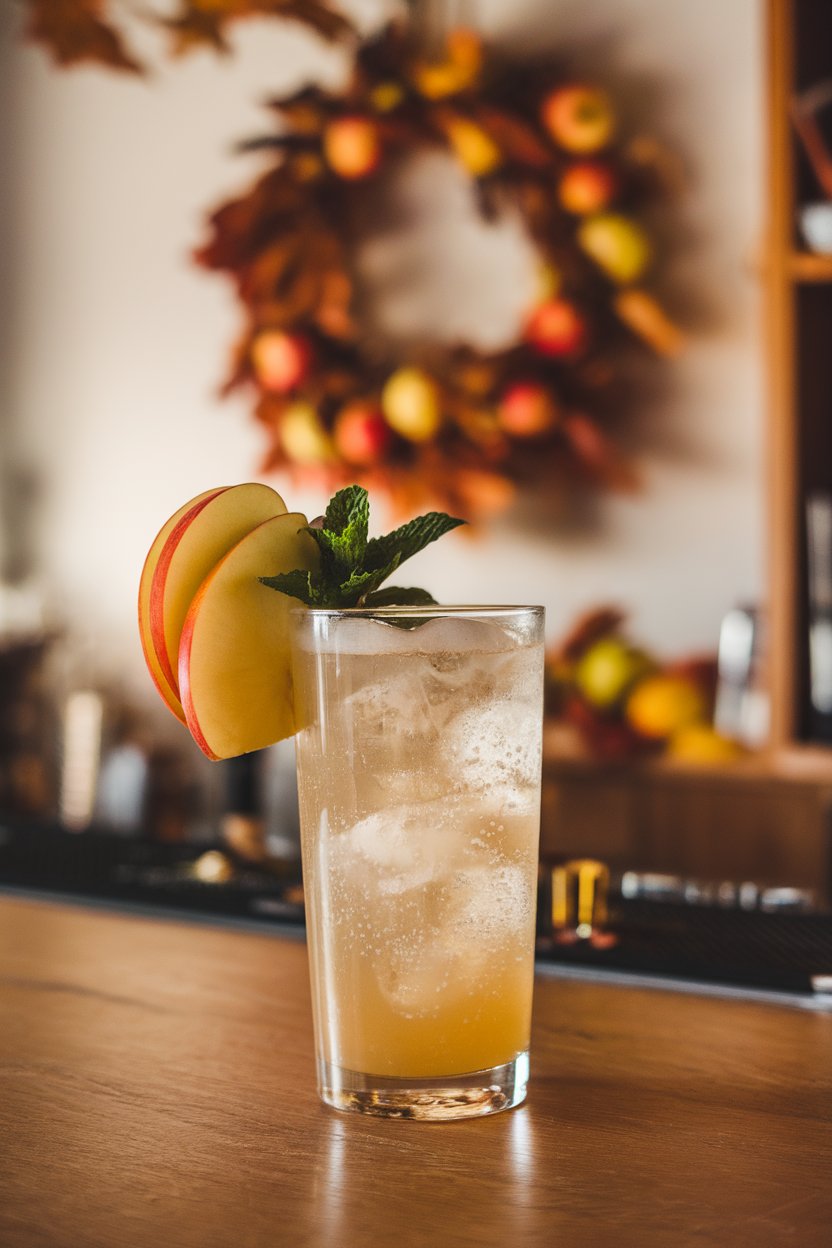 Indoor autumn bar with a highball of pale gold drink, apple fan and mint sprig garnish, bubbles visible. No text or logos.
