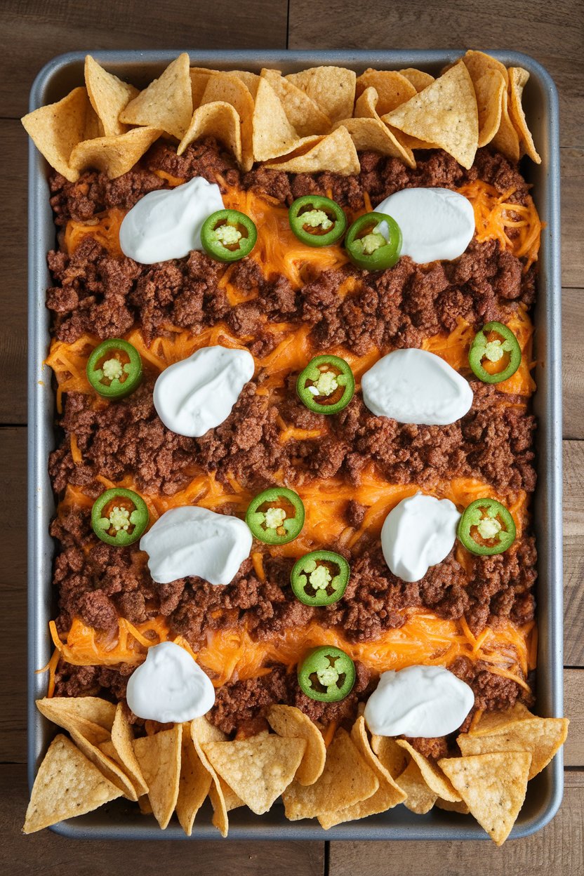 Indoor photo of a sheet pan covered with tortilla chips, melted cheese, seasoned ground beef, jalapeños, and dollops of sour cream; overhead angle, no text or logos.