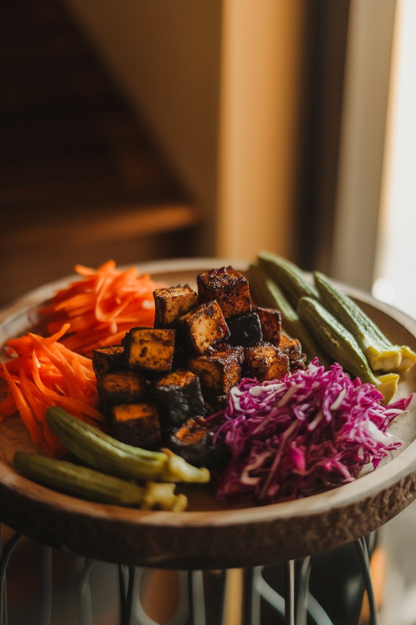 An indoor wooden platter arranged with blackened tofu cubes, roasted okra, pickled carrots, and purple cabbage slaw under warm lighting. No logos present.