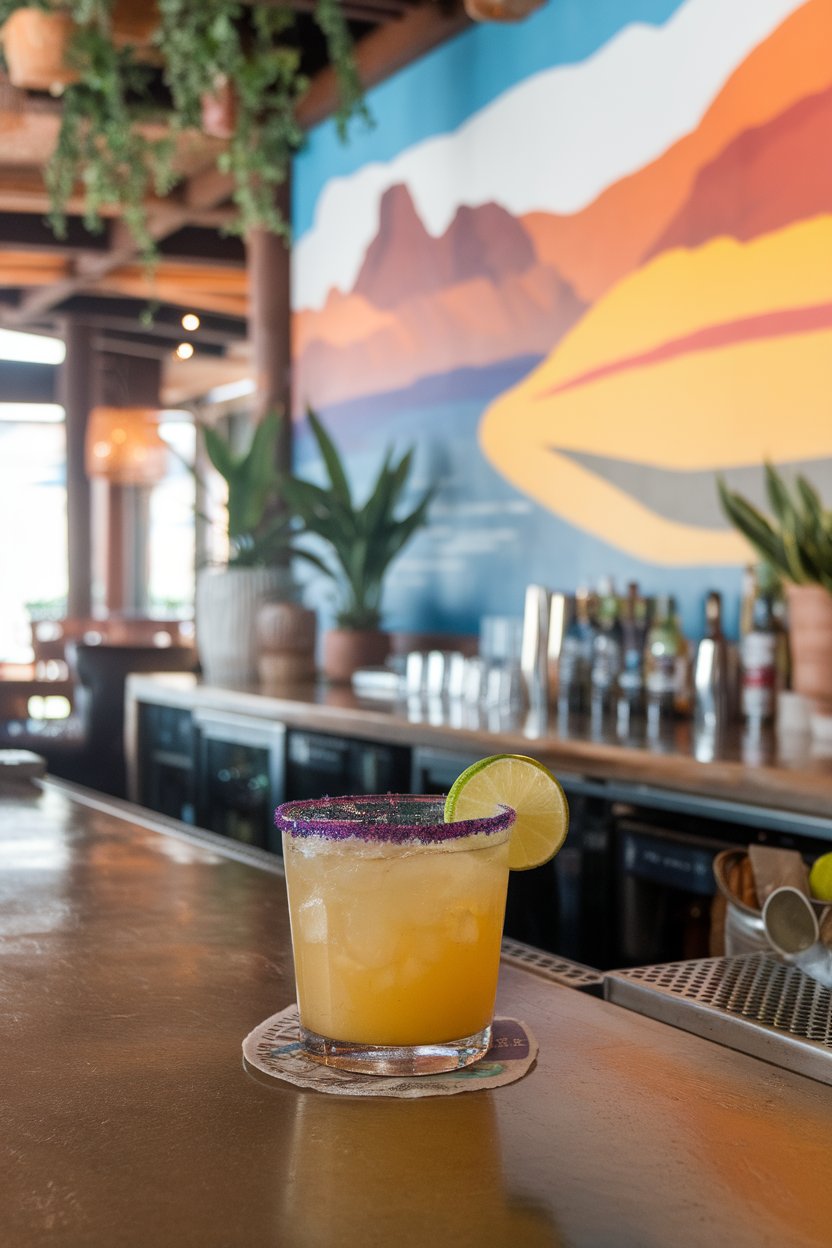 Indoor Mexican-style bar with a rocks glass of golden margarita, purple salt rim, lime wedge, no text or logos, photo