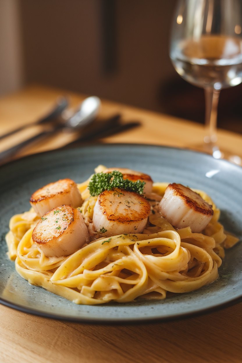Indoor photo of linguine tossed with seared scallops and lemon butter sauce, parsley garnish, no text or logos