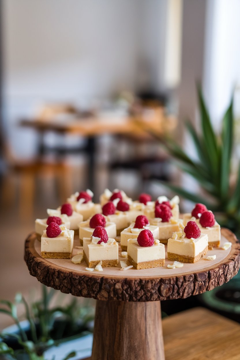 Indoor serving board with bite-size cheesecake squares topped with raspberry swirl, white chocolate shavings scattered. Photo, no text or logos.