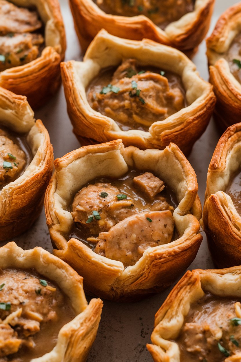 Indoor photo of puff-pastry-lined muffin cups filled with thick chicken-and-sausage gumbo, pastry edges flaked; no text or logos