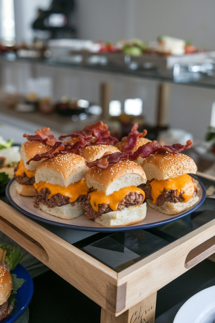 An indoor buffet setup with a tray of mini beef sliders topped with melted cheddar and crispy bacon, sesame seed buns slightly askew to reveal the fillings. No text or logos present. Photo, not illustration.