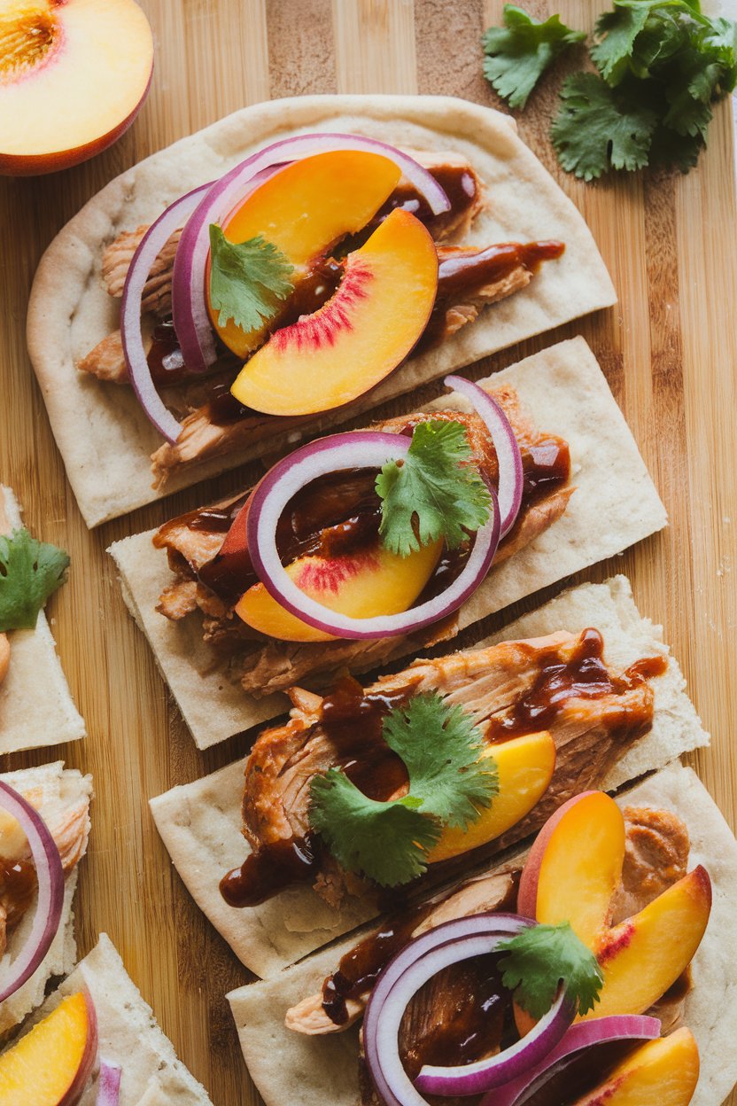 An indoor cutting board featuring sliced flatbread topped with barbecue chicken, peach slices, red onion, and cilantro. No text or logos. Photo, not illustration.