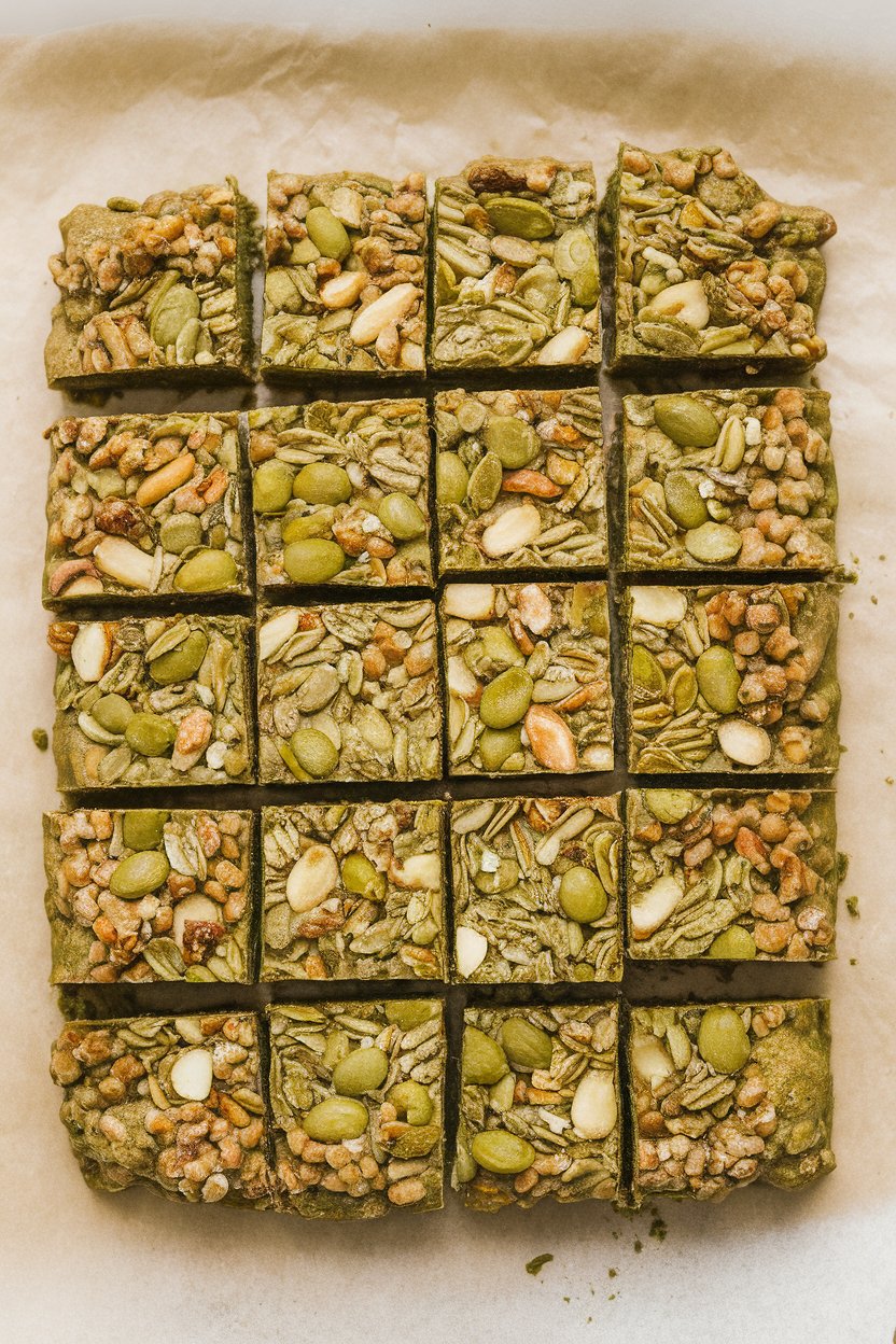 Indoor snack bar image showing neatly cut matcha granola bars on parchment, seeds and nuts visible. No text or logos.