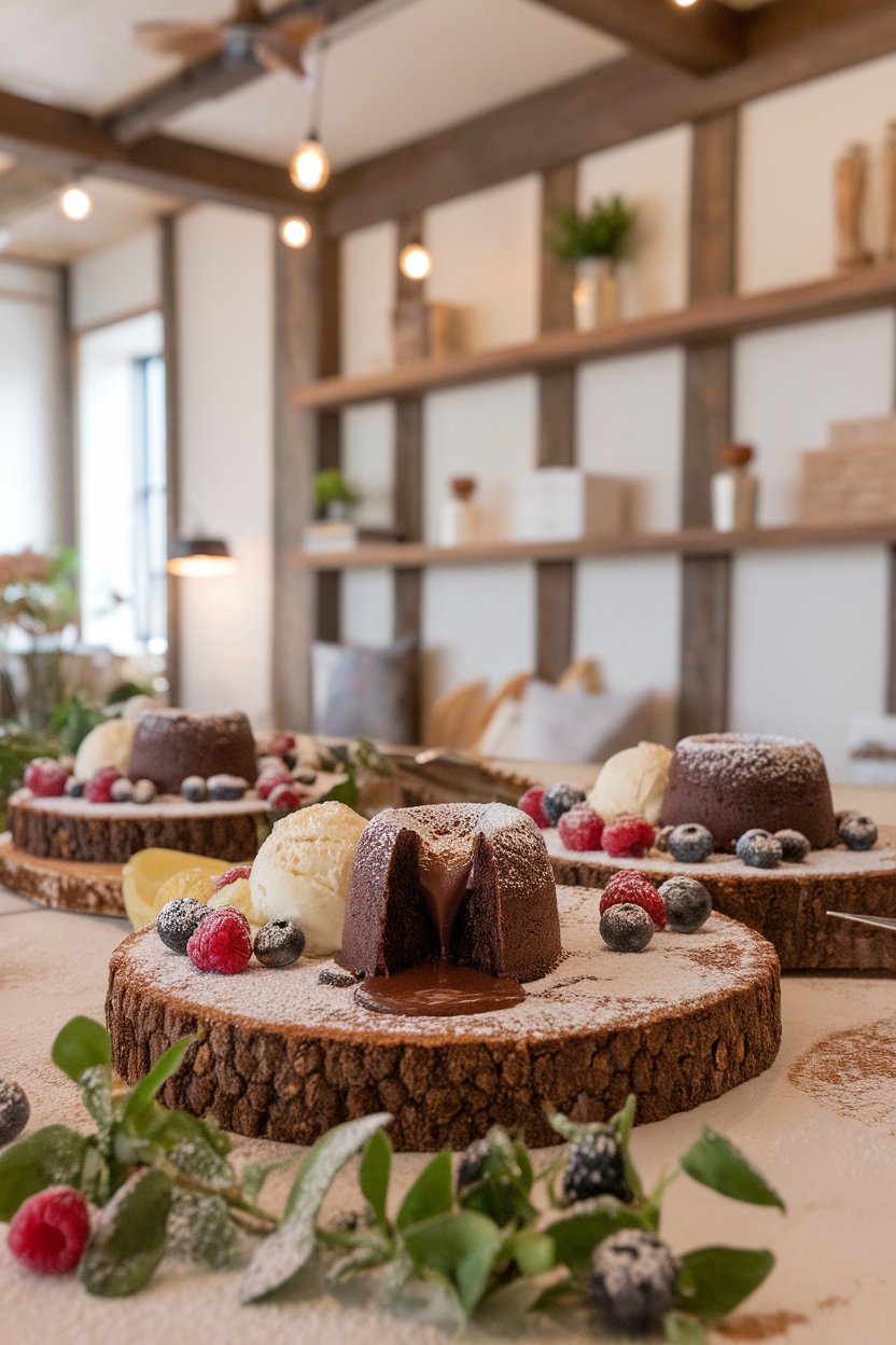 An indoor dessert table with individual chocolate lava cakes cut open, molten center flowing, a scoop of vanilla ice cream alongside. No text or logos. Photo.