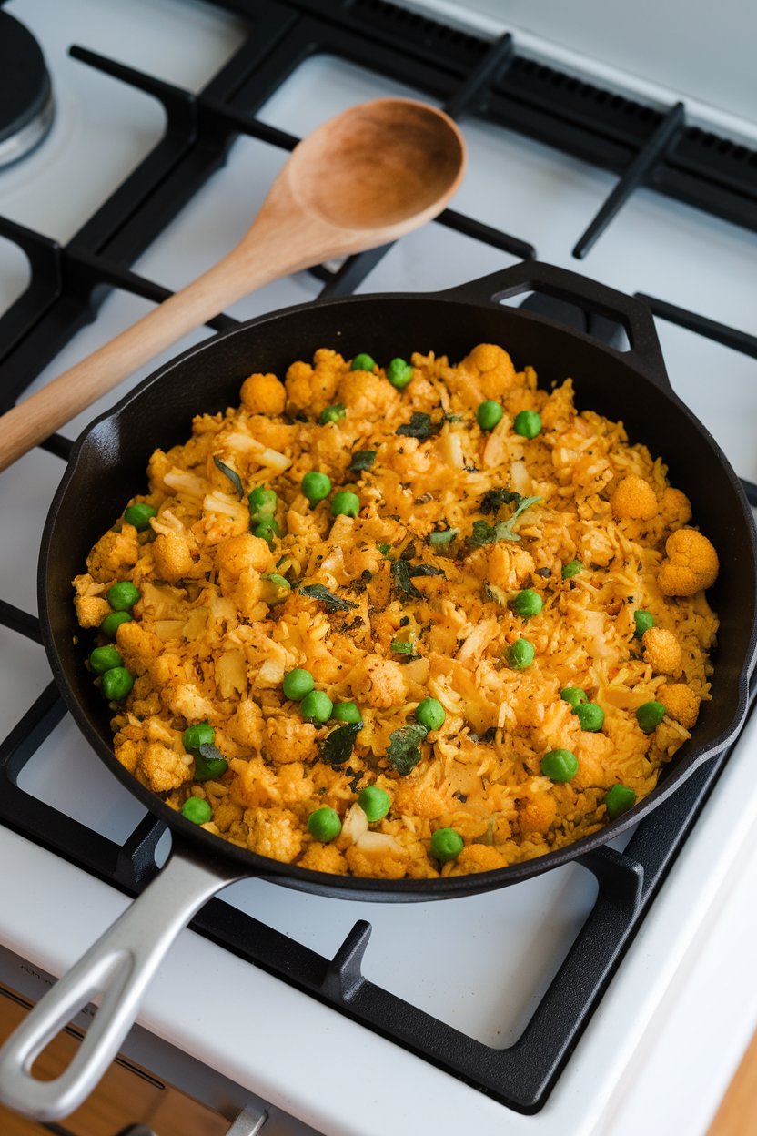 Indoor stovetop showing a skillet of golden cauliflower rice with peas and curry spices, wooden spoon resting alongside. No text or logos. Photo, not illustration.