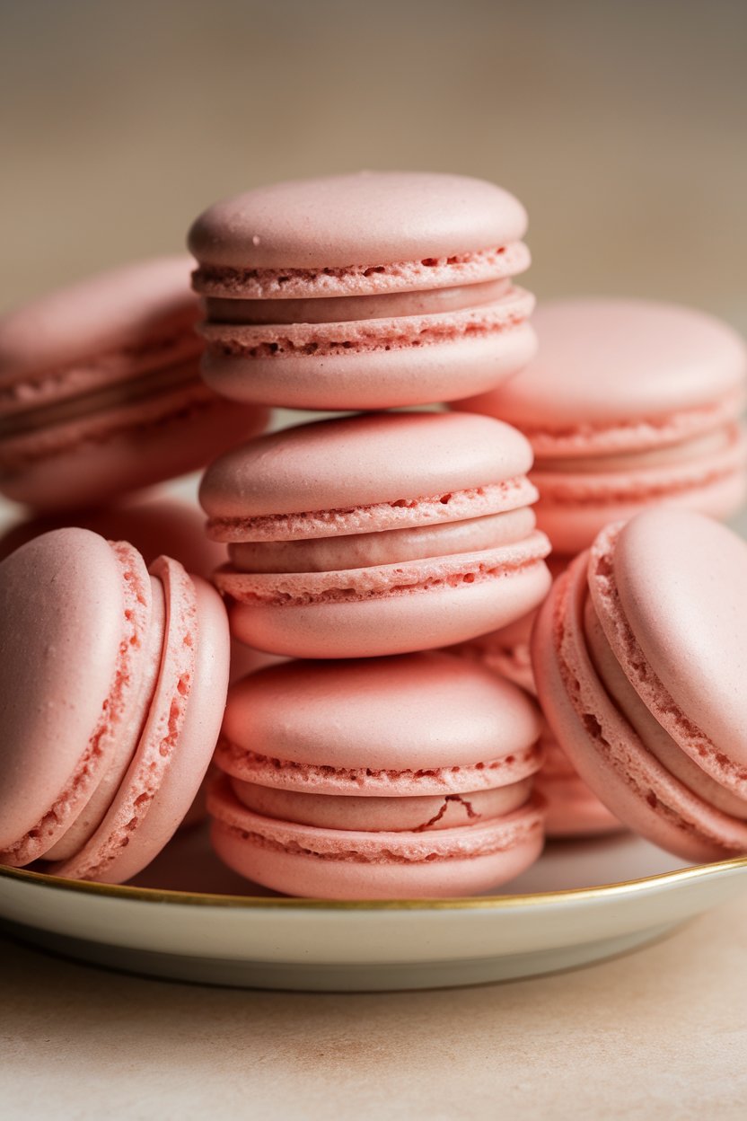 A close-up indoor shot of pale pink macarons filled with strawberry-champagne buttercream, neatly stacked on a small porcelain plate. Photo, no text or logos.