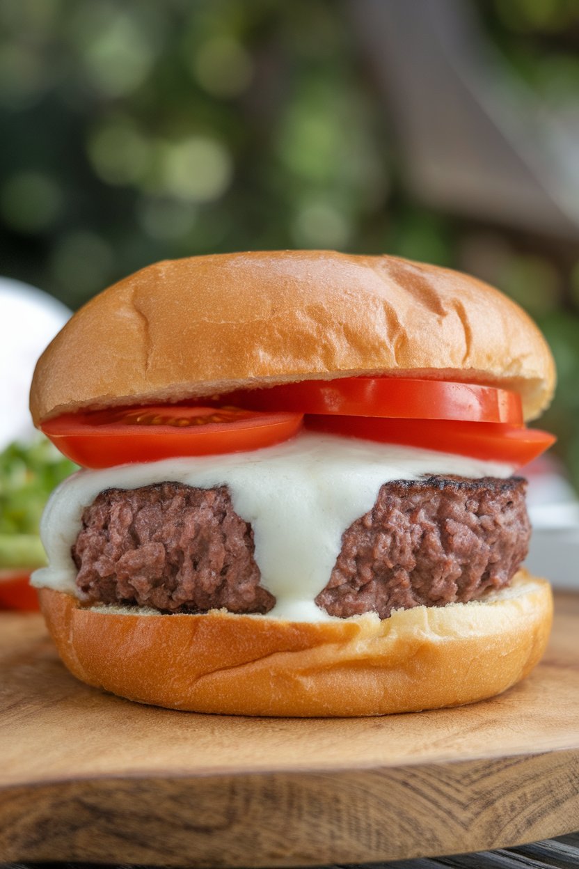 Indoor photo of thick beef patties oozing melted mozzarella in the center, served on buns with tomato slices; no text or logos.
