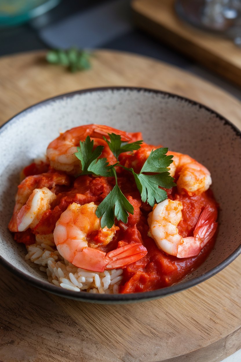 Indoor shallow bowl with tomato-simmered shrimp over rice, vivid red sauce sprinkled with parsley. Photo, no text or logos.