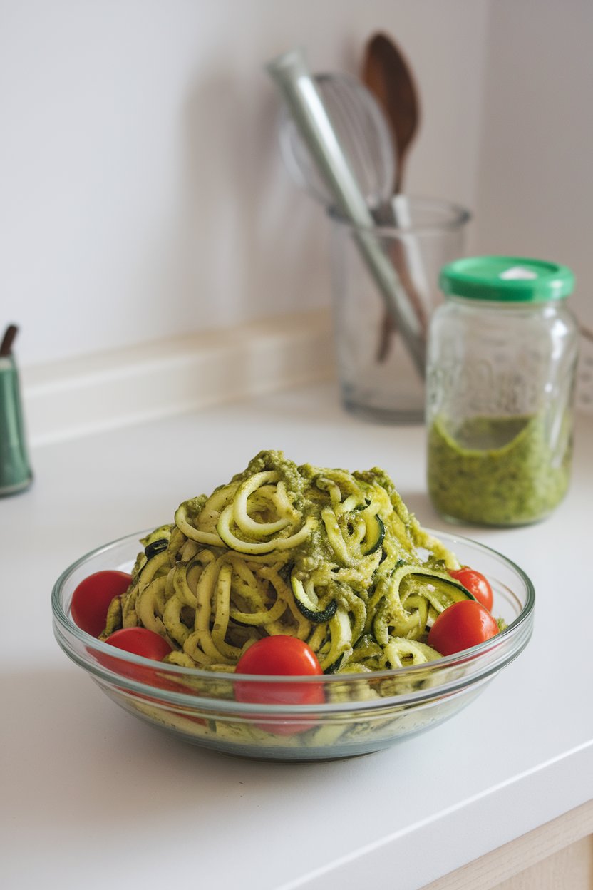 A bowl on an indoor countertop featuring spiralized zucchini coated in vibrant green pesto, cherry tomatoes scattered throughout. No logos or text. Photo.