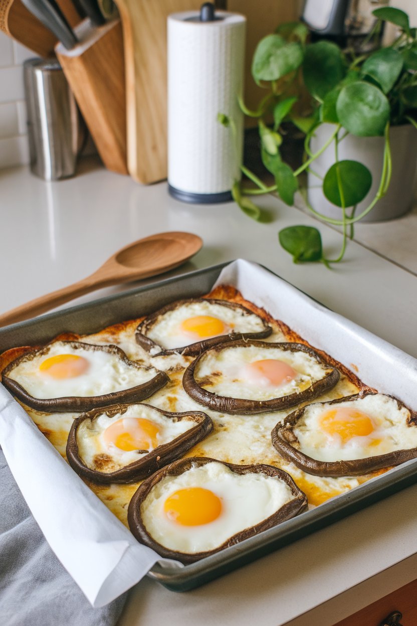An indoor kitchen island featuring a sheet pan of baked eggs amid roasted portobello strips and melted mozzarella, no text or logos.