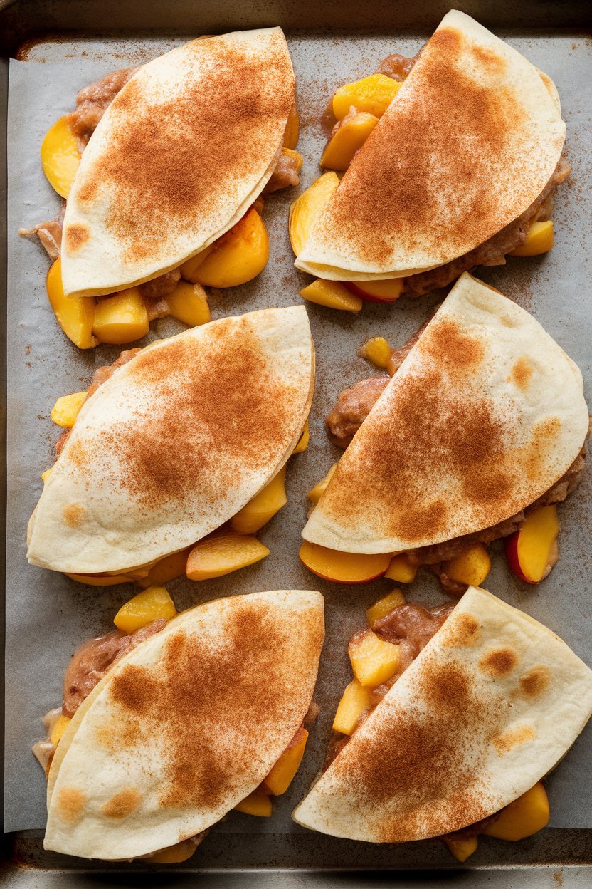 Photo of peach cobbler quesadilla slices on a baking tray, cinnamon sugar top, indoor, no text or logos.