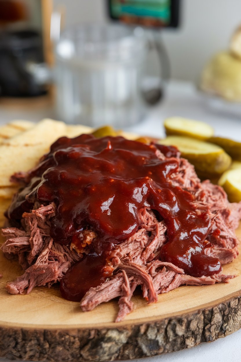 Indoor board piled with shredded beef slathered in deep red barbecue sauce, pickles on the side. No logos or text.