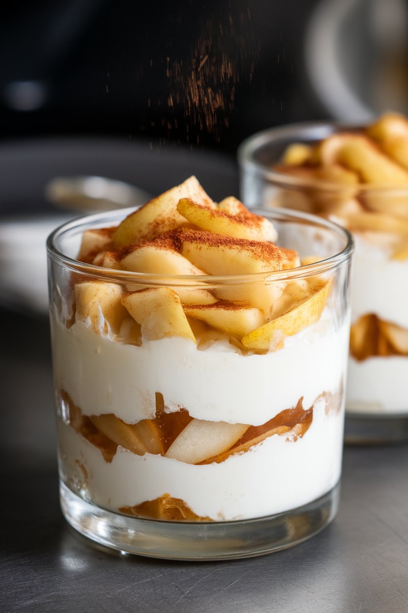 A glass parfait dish indoors with layers of plain Greek yogurt topped with warm pear compote, cinnamon visibly sprinkled. No text or logos.