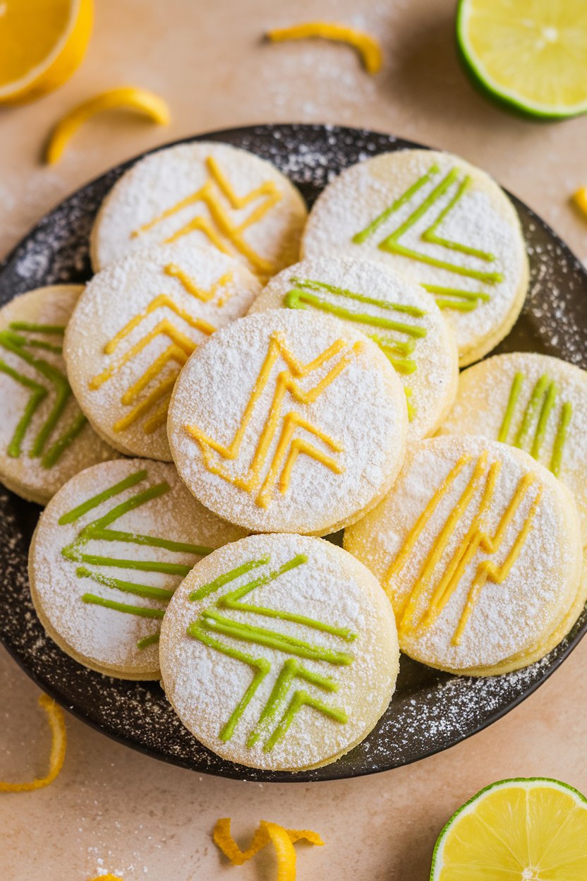 Photo prompt: Indoor plate of round lemon-lime shortbread cookies dusted with powdered sugar, citrus zest sprinkled around. No text or logos. Photo, not illustration.