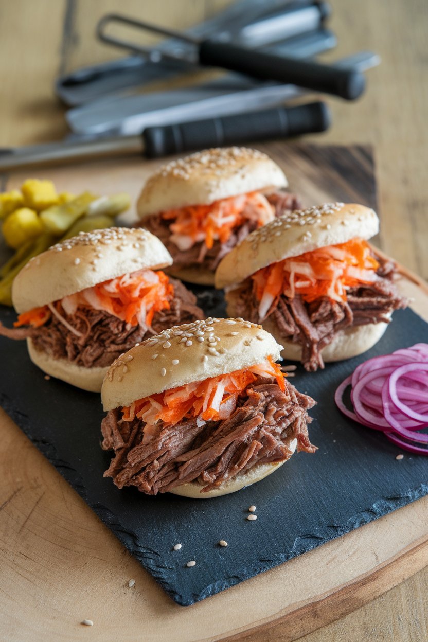 Indoor tabletop photo of small buns stuffed with shredded bulgogi beef and kimchi slaw, served on a slate board. No logos or text visible.