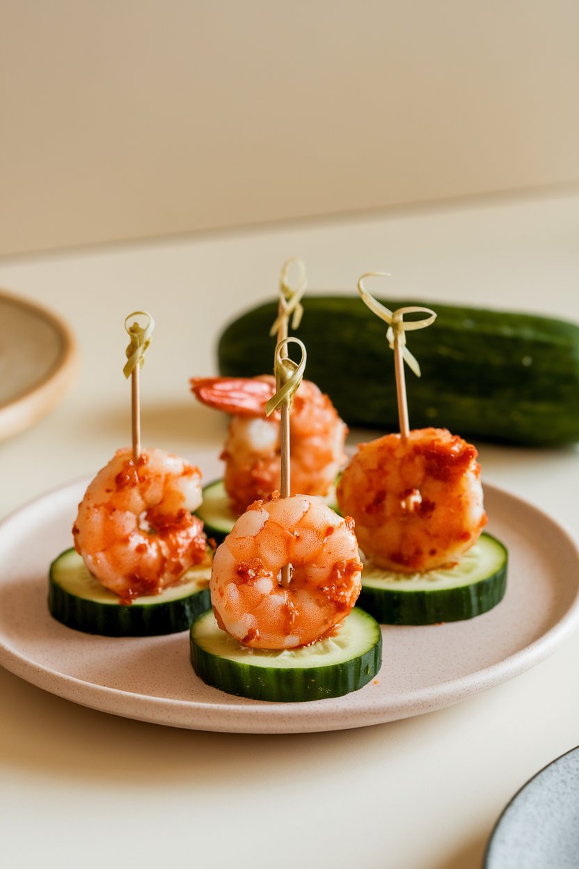 Indoor plate of cooked shrimp coated in red firecracker sauce, each resting on a cucumber slice with a toothpick. No text or logos.