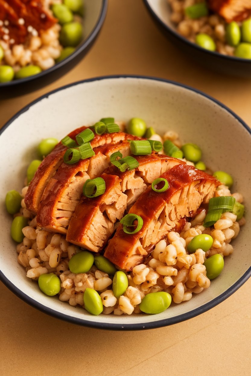 Indoor photo of sliced teriyaki tempeh over a mix of barley and edamame, garnished with green onions, no logos.