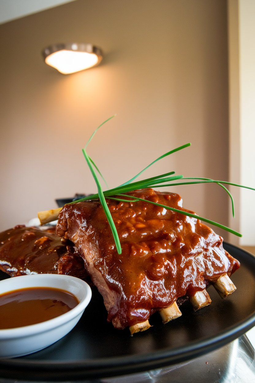 Indoor photo of short ribs glazed in thick barbecue sauce, a small dish of sauce on the side; no text or logos