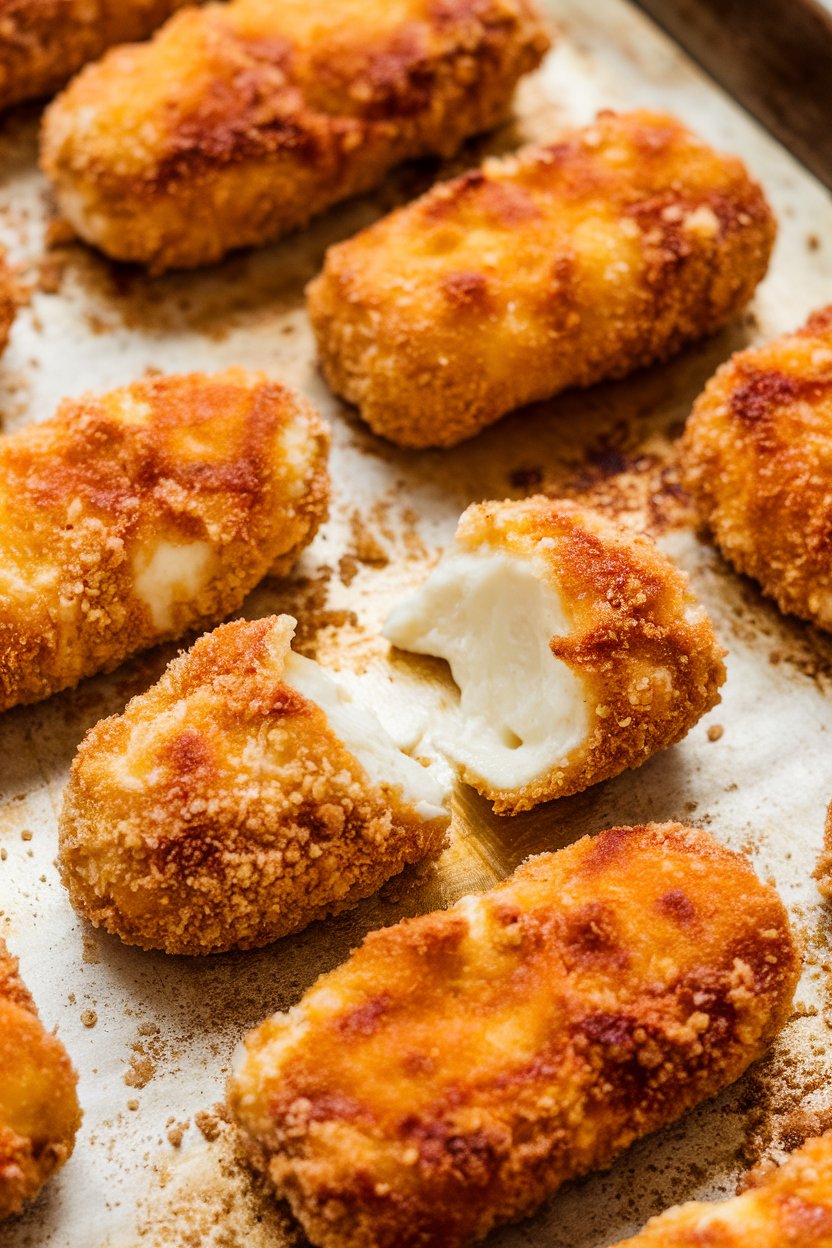 Indoor photo of breaded mozzarella sticks on a baking sheet, cheese stretching from one broken open. No text or logos.