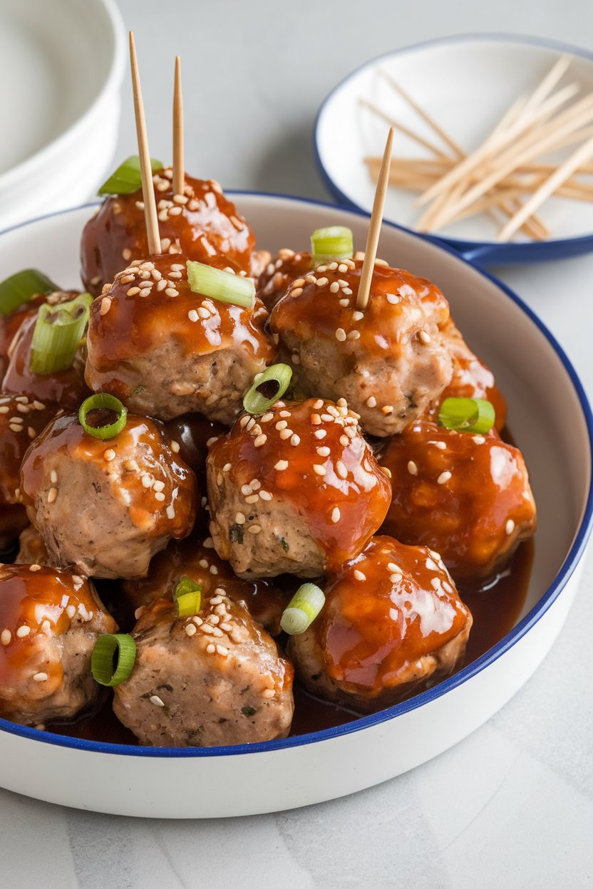 Indoor serving dish with glazed turkey meatballs sprinkled with sesame seeds and scallions, toothpicks on the side. No text or logos.