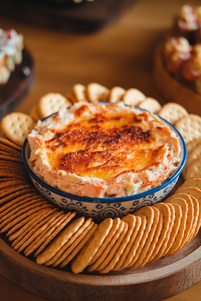 An indoor serving bowl of creamy baked crab dip with a browned cheese top, surrounded by butter crackers. No text or logos visible.