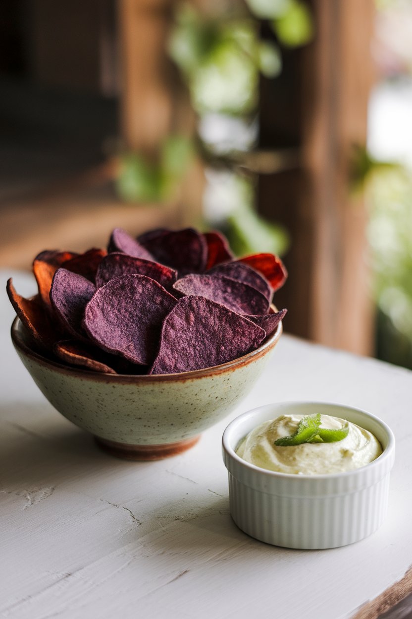 Indoor photo of a shallow bowl filled with baked purple sweet potato chips beside a ramekin of lime crema; no text or logos