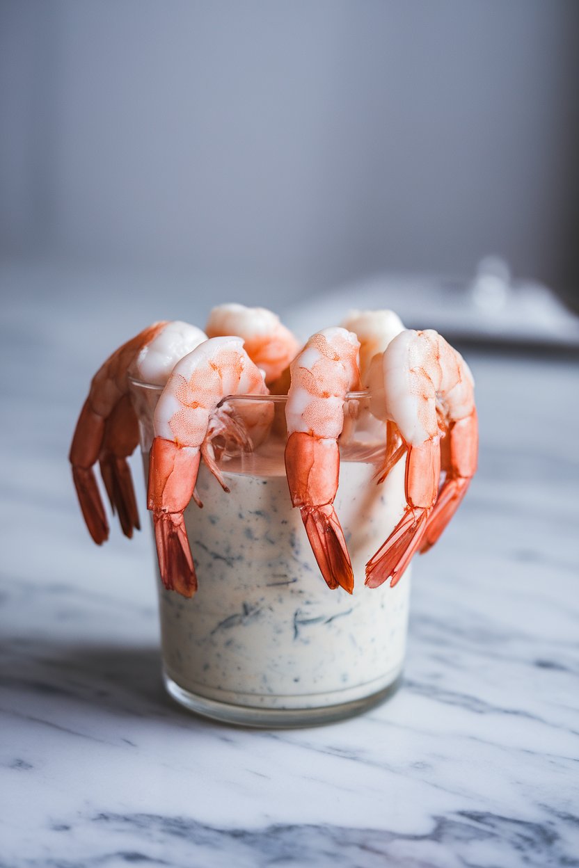 Photo of chilled cooked shrimp hanging on the rim of a glass cup filled with yogurt-based cocktail sauce, shot indoors on a marble counter. No text or logos.