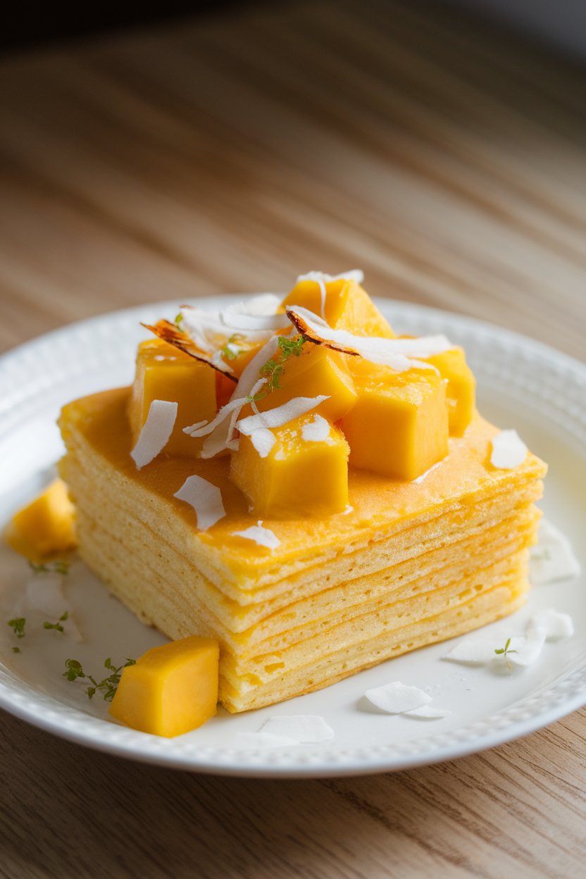 Bright pancake square with mango cubes, toasted coconut flakes, and a hint of lime zest on top, indoor natural light, no text or logos.