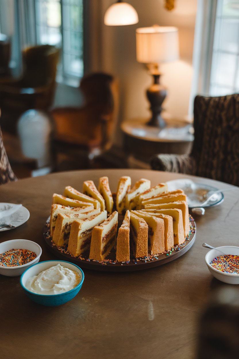 A cozy indoor dining room featuring sliced king cake wedges arranged in a spiral on a round platter, with small bowls of cream cheese dip and colorful sprinkles nearby. No text or logos on any items.