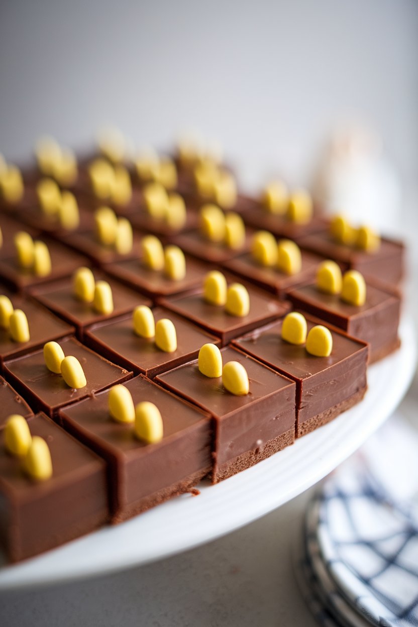 Indoor photo of neatly cut squares of classic chocolate fudge topped with small yellow candy goalposts. Shallow depth of field, no text or logos.