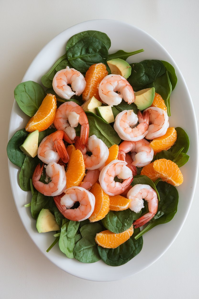 An indoor plate of cooked shrimp tossed with orange segments, diced avocado, and baby spinach leaves, lightly dressed. No text or logos. Photo only.