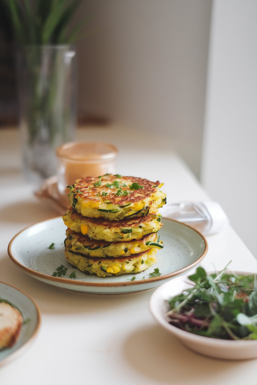 An indoor brunch table showcasing a stack of zucchini-corn fritters on a plate, a small side salad of mixed herbs nearby. No text or logos. Photo, not illustration.