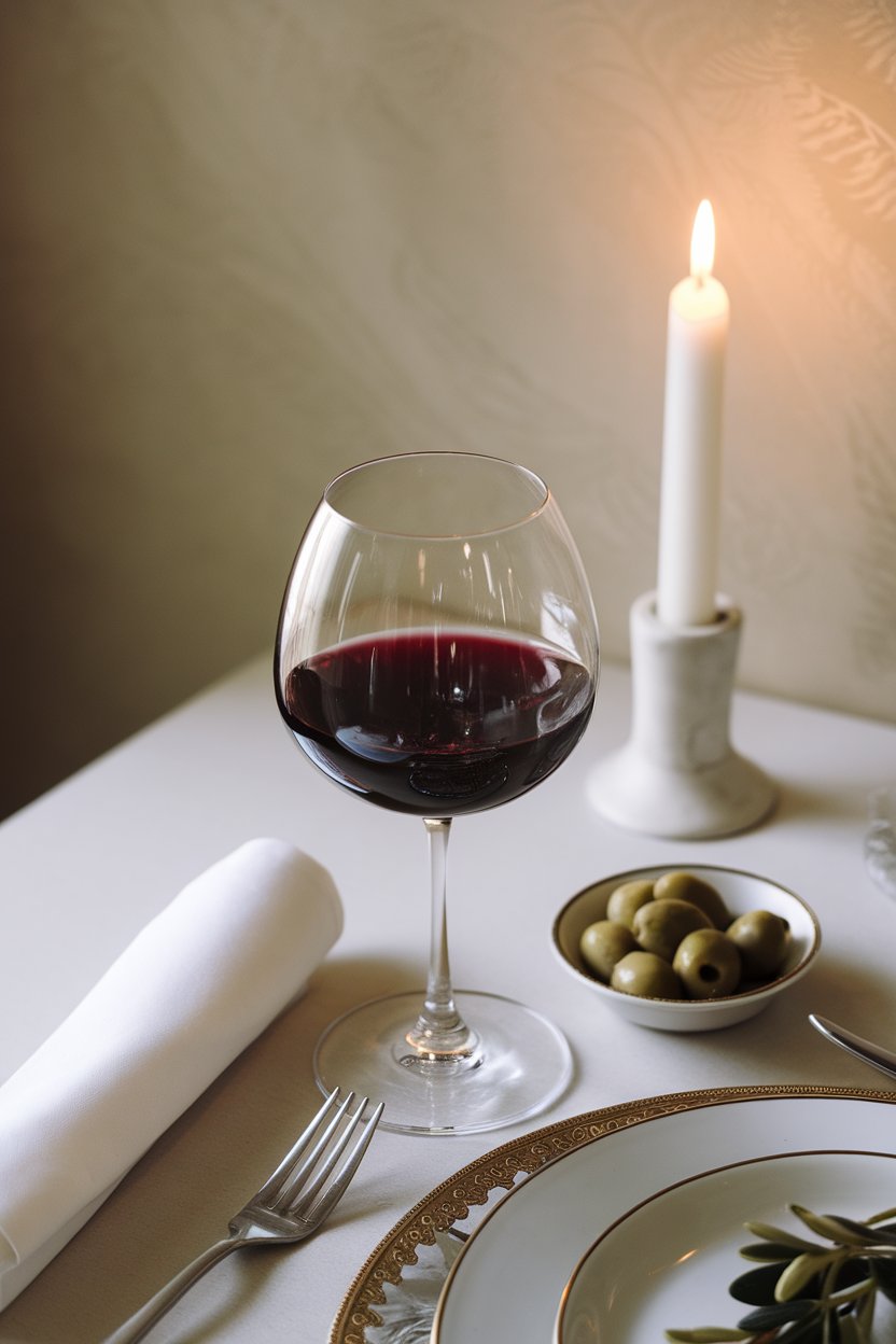 Indoor dinner table with stemmed glass of deep red wine, candlelight glinting, no label visible, no text.