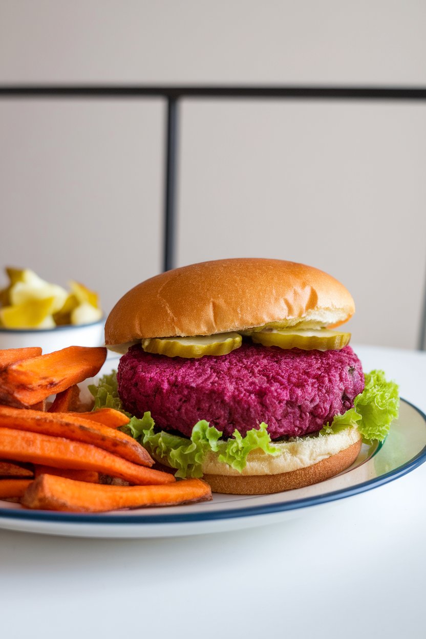 An indoor plate featuring a vibrant magenta burger patty in a bun, lettuce and pickles visible, with sweet potato fries. No text or logos. Photograph.