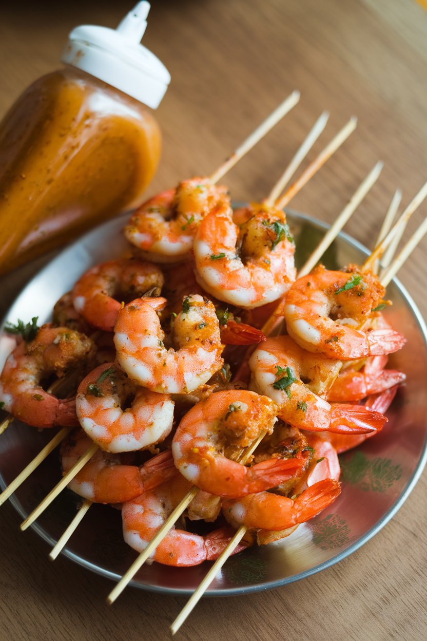 Indoor photo of cooked shrimp skewers coated in chili-lime glaze, resting on a platter with a squeeze bottle of extra sauce. No text or logos.