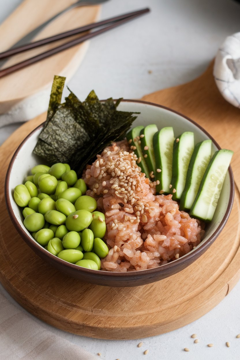 Indoor photo of deconstructed sushi bowls featuring brown rice, shelled edamame, cucumber sticks, avocado slices, and nori strips, with sesame seeds on top. No text or logos.