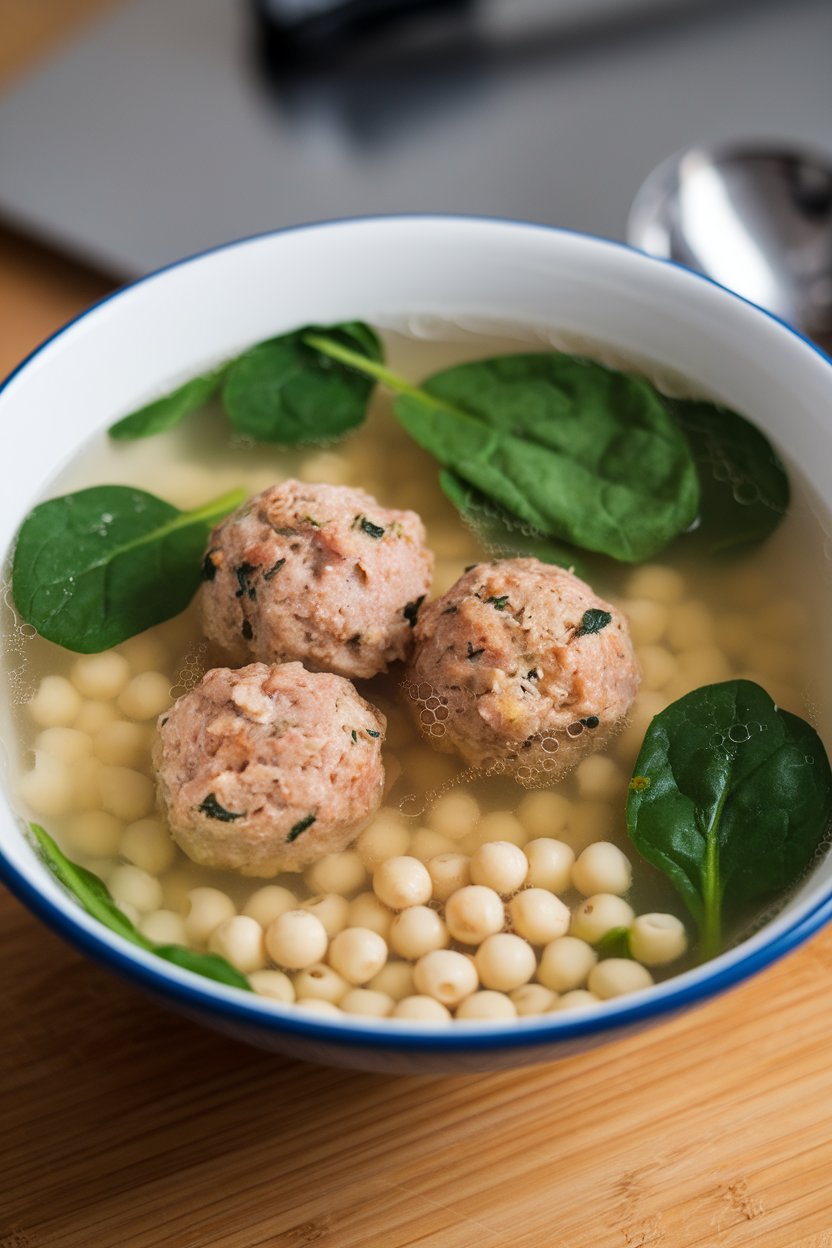 An indoor bowl of clear broth with turkey meatballs, spinach, and tiny pasta pearls. No text or logos.